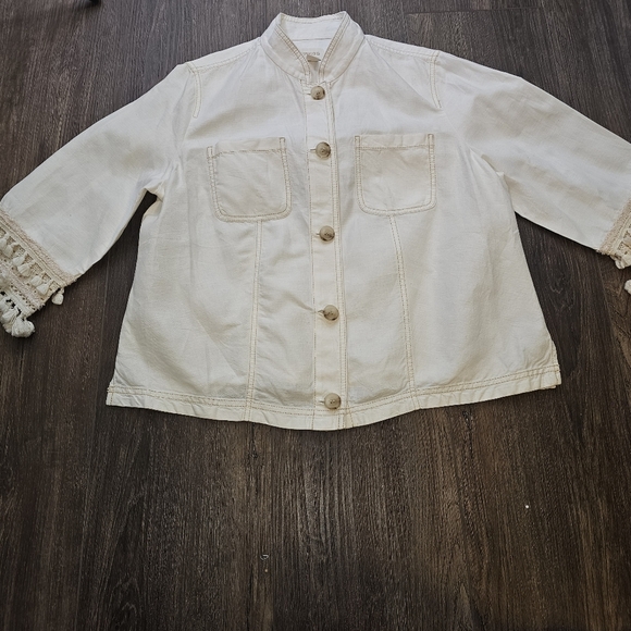 Chicos Cream Button-Up Jacket with Fringe Sz 2 Boho Hippie Utility Spring - Picture 9 of 13
